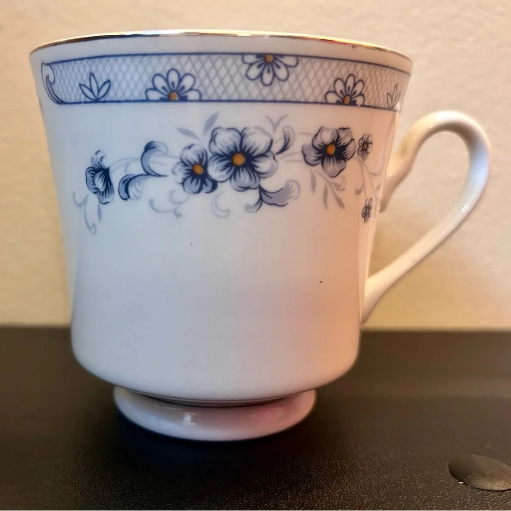 Vintage JS Valencia China Tea Cup #8223 Coffee Mug 3.25” Blue Floral Silver Trim